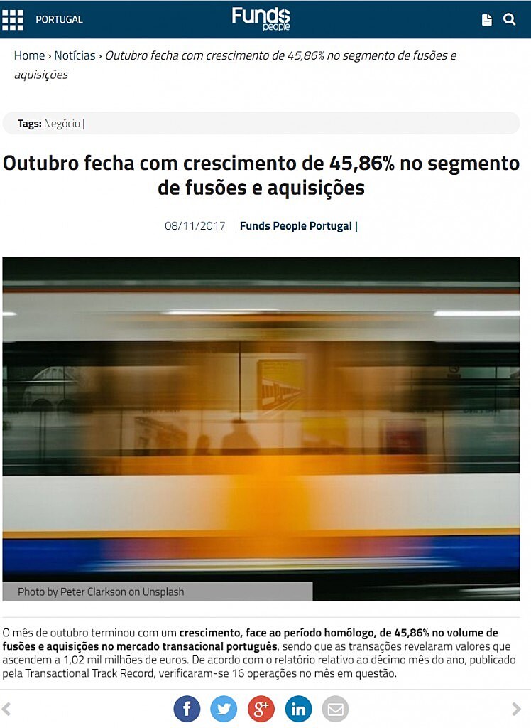 Outubro fecha com crescimento de 45,86% no segmento de fuses e aquisies